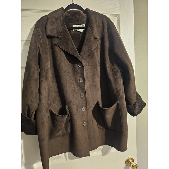 Plus Size Womens 2X Jacket Coat Faux Suede Button Up Pockets Faux Fur Brown New - Picture 4 of 9